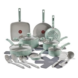 T-Fal T-fal Refresh Ceramic, Ceramic Non Stick Cookware Set 20 Piece, Oven Broiler Safe 350F, Kitchen Set w/Egg Pan, Fry Pans, Saucepans, Griddle, Sautepan, Dutch Oven & Utensils, Pots, Pans, Mint Green
