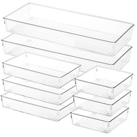 Voova 8 Pack Plastic Drawer Organizers Set,3-Size Kitchen and Office Desk Drawer Organizer Trays,Acrylic Non Slip Storage Bin Divider for Makeup, Jewelry,Gadgets Utensils,Bedroom,Bathroom Vanity,Clear