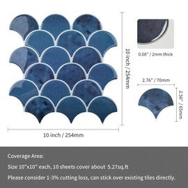Blue Peel and Stick Backsplash, Thicker Design Renter Friendly Backsplash Removable Fishscale Mermaid Gel Tile, Stick on Wall Tiles Sticker for Kitchen Bathroom (10 Sheets)