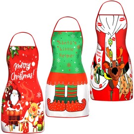 Nialnant 3 PCS Christmas Apron, Holiday Kitchen Cooking Aprons Santa/Elk/Elf Legs/Snowman Style Christmas Decoration Apron for Adult Women Men Chef Friends Christmas Party BBQ Cooking Baking Craft