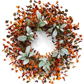 Jasuline24 Inch Fall Wreath for Front Door - Artificial Autumn Wreath with Eucalyptus, Boxwood, Lamb's Ear & Orange Berries - Thanksgiving Harvest Decor for Porch, Wall, Farmhouse Style