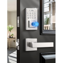 Tinewa Square Keyless Entry Door Lock with 2 Lever Handles, Fingerprint Entry Door Handleset, Keypad Deadbolt with App, Auto Lock & One Touch Locking, Front Smart Door Handle Sets, Satin Nickel