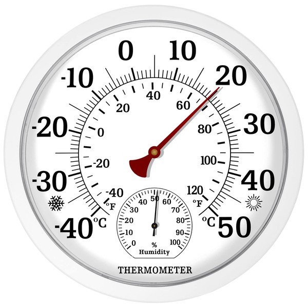 Indoor Outdoor Thermometer Hygrometer - 10 Inch Thermometer Room Temperature Garden Thermometer Outdoor Waterproof Wall Hanging Thermometer for Patio (White)