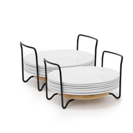 E-ROOM TREND Dish Holder 2 Pack Large for 9" to 13" Plates Organizer Round Bamboo Thicken Base with Stainless Steel Easy Carried Black Handles Adjustable for RV Kitchen Cabinets (BB432R)