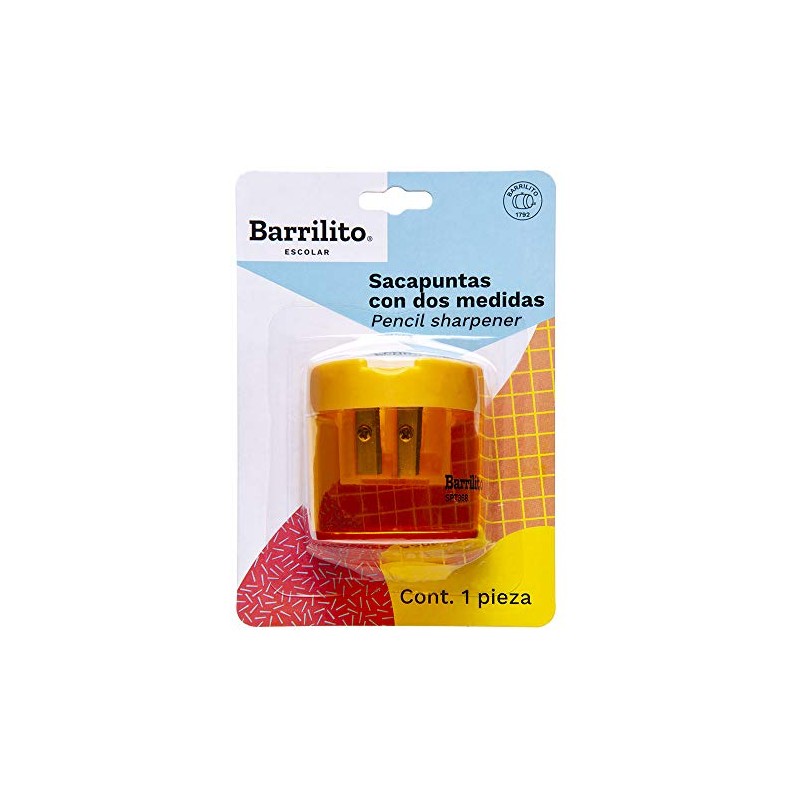 Barrilito Sacapuntas plstico doble orificio con contenedor. Blster con 1