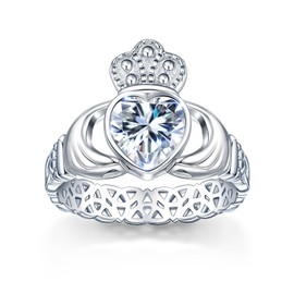Claddagh April Cubic Zirconia Birthstone Rings for Women 925 Sterling Silver Celtic Knot Promise Rings for Her Anniversary Statement Engagement Wedding Ring Band Irish Jewelry Birthday Gifts Size 7