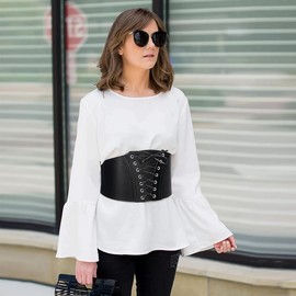 Glamorstar Corset Belt for Women Wide Elastic Tied Waspie Belts Lace-up Leather Waist Belts for Women Dresses 105cm Retro Black B