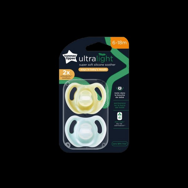 Tommee Tippee Ultra Light Orthodontic Silicone Pacifiers 6-18m Yellow/Light Blue