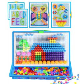 Qchomee 592 PCS Kids Jigsaw Puzzle Board Mushroom Nails Pegboard DIY Assorted Color Mosaic Kit Game Educational Toys Popular Birthday Christmas Toys for Children Girls Boys Age 3-8 Years
