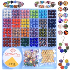 AIPRIDY Jewelry Making Beads Set, 590 PCS 10mm Round Mixed Color Rhinestone Clay Beads with Pearl and Floral Beads for DIY Bracelets, Necklaces(Fixed Mixed)