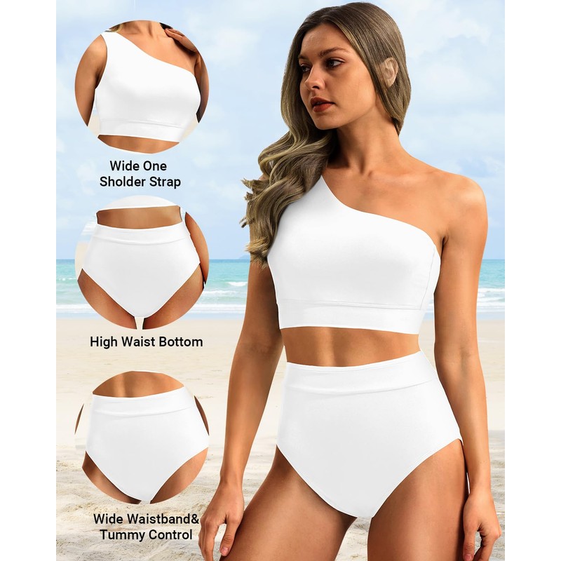 Holipick White Women One Shoulder High Waisted Bikini Sets Two