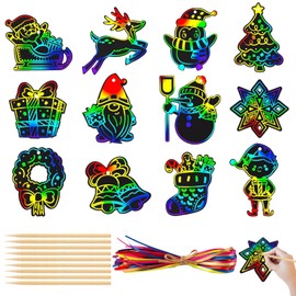 TIANLUD Christmas scratch pictures for children, 48 pieces scratch paper rainbow, scratch pictures pendant Christmas, 48 ribbons and 24 bamboo sticks, Christmas party accessories for hanging for the