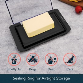 KITCHENDAO Airtight Flip-Top Butter Dish with Lid for Countertop and Refrigerator, Butter Keeper, Plastic Butter Holder Tray for 2 Sticks East Coast/West Coast/European Style/ Kerrygold Butter (Black)
