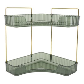 2 Tier Corner Bathroom Countertop Organizer Space Saving Easy Assembly Metal Corner Countertop Shelf for Cosmetics Skin Care Dark Green
