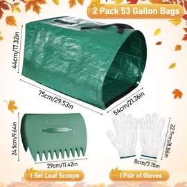 2 Pack Large Yard Dustpan Type Garden Bag Set Includes 2 Leaf Scoops and 2 Gloves, 53 Gallon Per Garden Bag for Collecting Leaves, Heavy Duty Gardening Bags for Lawn Pool Garden Leaf Waste Bag