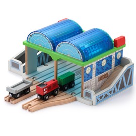SainSmart Jr. Wooden Train Track Accessories - Premium Train Station with Double-Track Tracks and Conveyor Belt Fit for All Major Brands, Ideal Gift for Aged 3+