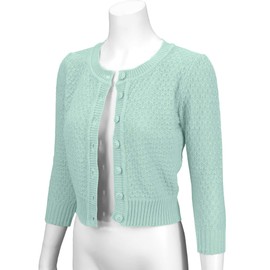 YEMAK Women's Cropped Cardigan Sweater – 3/4 Sleeve Crewneck Basic Classic Casual Button Down Soft Crochet Knit Top MK3514-AQA-2X