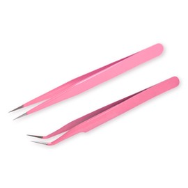 siyuwuro 2Pcs High Precision Stainless Steel Tweezers Set Straight and Curved Tip Eyelash Tweezers Kit Nippers for Eyelash Extensions, Nail Art, DIY Crafts, Jewelry-Making, Model (Rose Red)