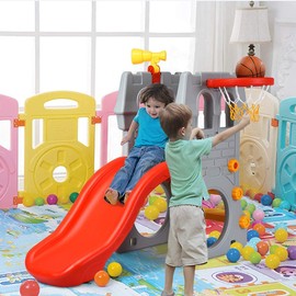 OLAKIDS 5 in 1 Toddler Slide, Indoor Outdoor Playground Climber with Slide, Basketball Hoop, Telescope, Crawl Tunnel, Climb Stairs, Baby Backyard Freestanding Toy Playset Gift for Kids Boys Girls