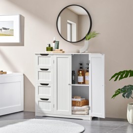 Yaheetech Wooden Bathroom Floor Cabinet, Side Storage Organizer Cabinet with 4 Drawers & Double Doors, Freestanding Entryway Storage Unit Console Table, Bathroom Furniture Home Decor, White