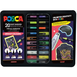 Uni-Ball 186832 - POSCA Marker Set, 20 Acrylic Pens in Case, Marker Set Groovy Colours, Tip PWE5M 1.8-2.5 mm