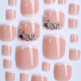 French Tip Press on Toenails Short Square Fake Toe Nails Rhinestones False Toenails Glossy Full Cover Acrylic Glue on Toenails Summer Artificial Stick on Toenails for Women Manicure 24Pcs