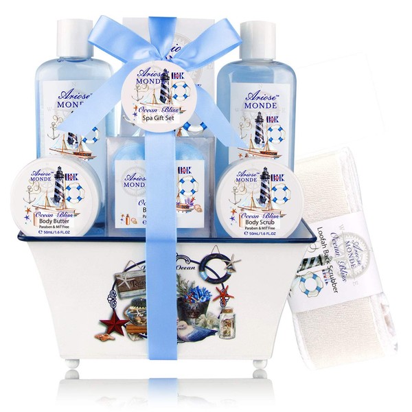 Spa Gift Basket, Home Spa Kit with Ocean Bliss Scent, Perfect Gift Idea for Mother, Wife,Girlfriend, Women, Her Includes Shower Gel, Bubble Bath, Body Scrub, Body Butter, Bath Salt 8 PCS