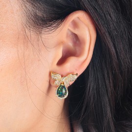 CiNily Dangle Stud Earrings for Women Dainty Bow Stud 14K Yellow Gold Plated Cubic Zircon Bow Tie Ear Studs | Black Opal Teardrop Dangling Earrings | Ribbon Studs Birthday Christmas Jewelry