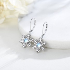 Snowflake Earrings 925 Sterling Silver Moonstone Snowflake Dangle Drop Earrings Snowflake Jewellery Christmas Gifts for Women Girls Ladies, Sterling Silver, Moonstone
