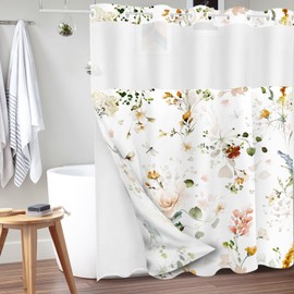 Tititex No Hooks Snap in Liner Rustic Pink Blue Floral Shower Curtain, Hotel Luxury Double Layers Waterproof Fabric & See-Through Top Window Bathroom Decorative 72x72 Inch