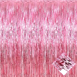 4 Pack Pink Foil Fringe Curtain Backdrop, 3.2Ft x 9.8Ft Metallic Tinsel Foil Fringe Streamers Curtains for Party, Photo Booth Props, Birthday, Wedding, Christmas Party Decoration Supplies