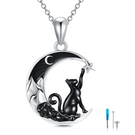 Flpruy Black Cat Urn Necklace for Ashes 925 Sterling Silver Pet Cremation Jewelry Mountain Necklace for Ashes of Loved One Keepsake Memorial Pendant Necklace for Women