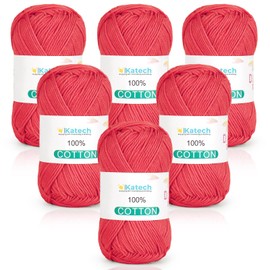Katech Pure Cotton Yarn for Crocheting & Knitting–Soft Sport Weight CYC #2, 6 Skeins (50g Each, 300g Total), Ideal Crochet Yarn for Dishcloths, Baby Clothes, Socks, Lightweight Scarves（Bright Red）
