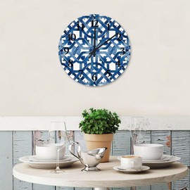 Minimalist Wood Clock Silent Non-Ticking Numbers Battery Operated Blue and White Geometric Turkish Ikat Navy Blue Trellis Wood Clocks Decorative Wooden Wall Decor for Restaurant Home Art Room 15"