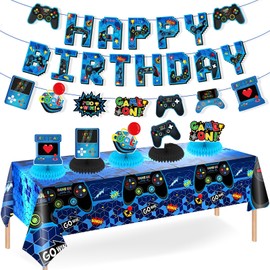 Video Game Birthday Party Decorations Blue Video Game Theme Happy Birthday Bunting Banner Gaming Tablecloth 5PCS Table Honeycomb Centerpieces for Kids Men Gamer Enthusiasts Cheers to Level Supplies