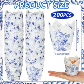 Gerrii 200 Pcs Chinoiserie Blue White Flower Tulip Cupcake Liners Paper Mini Baking Cups Cupcake Wrappers Muffin Liners for Wedding Tea Party Bridal Baby Shower Decoration