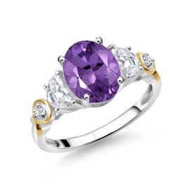 Gem Stone King 925 Silver and 10K Yellow Gold 3-Stone Ring Oval Purple Amethyst and Moissanite (2.10 Cttw) (Size 7)