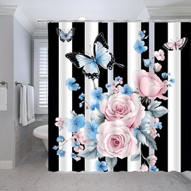 Fsfusvk Floral Stripe Shower Curtain Pink Spring Watercolor Flower Butterfly Black White Stripes Rose Flowers Elegant Women Blue Nature Polyester Fabric Bathroom Curtain Sets Hooks 70 x 70 Inch