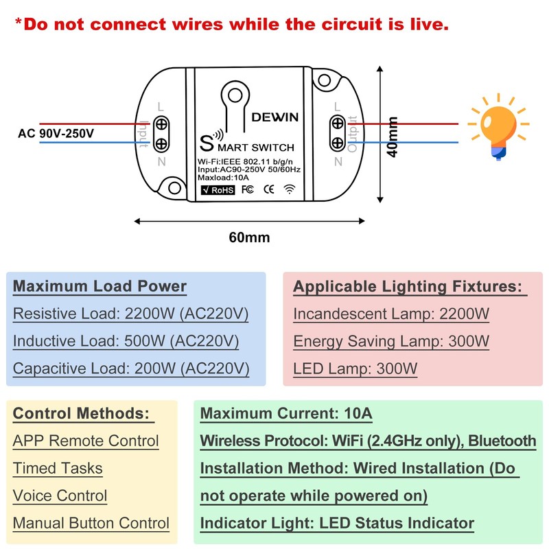 DEWIN 10A Smart WiFi Wireless Light Switch, 1PC WiFi Remote