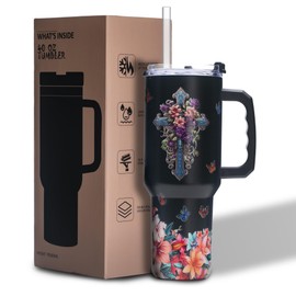 Gome 40 oz Christian Tumbler with Handle - Insulated Stainless Steel Floral Cross Cup with Lid and Straw - Keeps Drinks Cold and Hot, Biblical Gifts for Women - Hand Wash Only