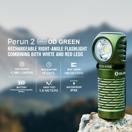 OLIGHT Perun 2 Mini Headlamp 1100 Lumens LED Head Flashlight, Rechargeable Headlight with Red Light Option, Great for Working, Hiking, Camping and Climbing (OD Green Cool Whtie Light: 5700~6700K)