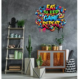 XUOIAYNB Watercolor Eat Sleep Game Repeat Wall Stickers (20.9”x 22.4”),Video Gaming Vinyl Wall Decals for Game Lover, Removable Game DIY Wall Art for Boy Bedroom Playroom Decor