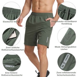 JustSun Men's Sports Shorts, Quick-Drying, Lightweight, Breathable with Zip, Green