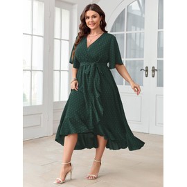 SCOMCHIC Women's Plus Size Summer Dresses Short Sleeve Wrap V Neck Swiss Dot Boho High Low Split Ruffle Maxi Dress Emerald Green