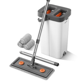JUDRDO Mop and Bucket with Wringer Set for Home, Flat Mop Bucket Set with 3 Washable Microfiber Pads, Wet and Dry Mop with Long HandleWall Cleaner for All Floor Types and Windows