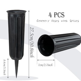 Pack of 4 Grave Vases with Spikes, Plastic Flower Holder for Cemetery, Flower Vase, Grave Decorations for Cemetery, Tombstone, Grave Side (Black)