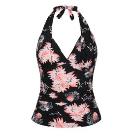 Mycoco Top de natación halter para mujer, cuello en V, parte delantera fruncida, negro/floral, 10
