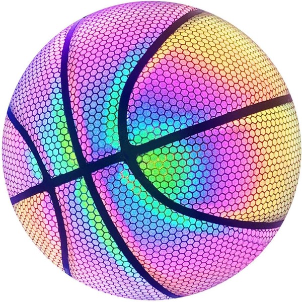 Holographic Reflective Basketball Glow Luminous Basketball for Night Game, Reflective Glowing PU Basketball Size 7, Glowing Rainbow Reflective Outdoor Adult or Kids Durable Basketball Gift