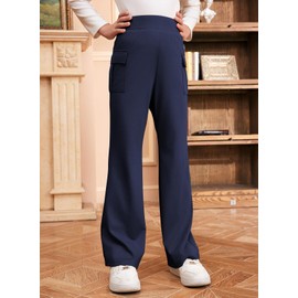 blibean Tween Girls Bell Bottom Pants Flare Bootcut Wide Leg Trousers Little Kids Uniform High Waist Chino Pant Fall School Formal Dress Pockets Clothes Size 8-9 Years Old Dark Blue