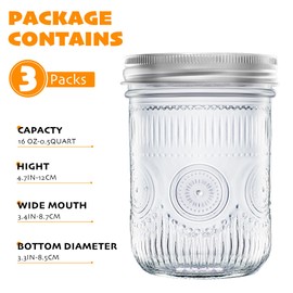 Amzcku 16oz vintage Mason Jars with Lids, Wide Mouth Canning Jar, Safe For Storage, Canning, Pickling, Preserving, Fermenting, DIY Crafts & Decor 6 Pack